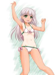 Rule 34 | 1girl, akimoto dai, artist name, bikini, blunt bangs, breasts, cameltoe, collarbone, commentary request, cowboy shot, dated, green eyes, groin, hair ribbon, highres, kantai collection, long hair, looking at viewer, maestrale (kancolle), navel, one-hour drawing challenge, one-piece tan, one side up, ribbon, silver hair, small breasts, solo, standing, swimsuit, tan, tanline, white background, white bikini