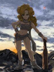 Rule 34 | 1girl, ayla (chrono trigger), bare shoulders, blonde hair, blue eyes, boots, breasts, cavewoman, chrono trigger, cleavage, closed mouth, cloud, cloudy sky, club (weapon), crop top, curly hair, full body, fur boots, fur cuffs, fur scarf, fur shirt, fur skirt, grey footwear, grey scarf, grey shirt, grey skirt, hand on own hip, highres, holding, holding club, holding weapon, long hair, looking at viewer, medium breasts, microskirt, midriff, mountain, navel, outdoors, scarf, shirt, skirt, sky, smile, solo, strapless, sunset, tube top, uzutanco, weapon