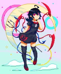Rule 34 | 1girl, ahoge, asymmetrical wings, black dress, black hair, black thighhighs, bow, bowtie, crescent moon, dress, full body, houjuu nue, kunochai, leaning forward, looking at viewer, moon, pink eyes, pixel art, polearm, red bow, red bowtie, red footwear, shoes, short dress, smile, solo, thighhighs, touhou, trident, weapon, wings