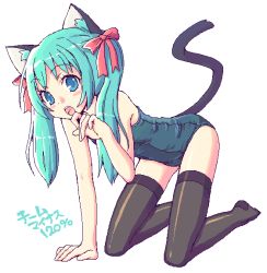 Rule 34 | 1girl, all fours, animal ears, blue eyes, blue hair, blush stickers, bow, cat ears, cat tail, green hair, hair bow, hair ornament, hair ribbon, hatsune miku, kimarin, kneeling, looking at viewer, matching hair/eyes, oekaki, one-piece swimsuit, open mouth, original, paw pose, ribbon, school swimsuit, simple background, solo, swimsuit, tail, thighhighs, twintails, vocaloid, white background