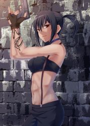 Rule 34 | 1girl, 428, abs, alphard (canaan), bare shoulders, black hair, breasts, brown eyes, canaan (series), chunsoft, dabadhi, fingerless gloves, fn five-seven, gloves, gun, handgun, highres, holding, holding gun, holding weapon, light smile, medium breasts, midriff, navel, open mouth, pdw-caliber pistol, pistol, ponytail, short hair, solo, suspenders, tattoo, toned, trigger discipline, weapon