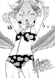 Rule 34 | 1girl, armpits, arms behind head, arms up, bikini, blue archive, greyscale, hair wings, halo, k.m.station, koharu (blue archive), koharu (swimsuit) (blue archive), monochrome, simple background, solo, swimsuit, white background, wings