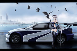 Rule 34 | 1girl, absurdres, azur lane, bald eagle, bird, black thighhighs, bmw, bmw m3, bridge, car, cityscape, clothing cutout, eagle, enterprise (azur lane), enterprise (wind catcher) (azur lane), full body, grim (azur lane), hat, highres, kcar66t, letterboxed, motor vehicle, need for speed, need for speed: most wanted (2005), official alternate costume, product placement, race queen, side cutout, thighhighs, umbrella, vehicle focus
