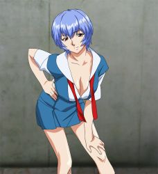 Rule 34 | 1girl, ayanami rei, bent over, blue hair, breasts, cleavage, hand on knee, hand on own hip, hand on own knee, large breasts, legs, looking at viewer, necktie, neon genesis evangelion, no bra, open clothes, open shirt, red eyes, school uniform, seductive smile, shirt, short hair, skirt, smile, solo, standing, thighs, undone necktie, yabusame