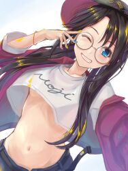 Rule 34 | 1girl, baseball cap, belt, black belt, black hair, black hat, blue eyes, blush, bracelet, breasts, collarbone, cropped shirt, dacho, denim, denim shorts, earrings, glasses, gradient background, grin, hand up, hat, idolmaster, idolmaster shiny colors, jacket, jewelry, long hair, long sleeves, looking at viewer, midriff, mitsumine yuika, multicolored nails, navel, off shoulder, one eye closed, open mouth, red jacket, shirt, shorts, simple background, small breasts, smile, solo, standing, twintails, underboob, white background, white shirt