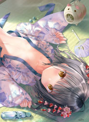 Rule 34 | 1girl, black hair, breasts, brown eyes, commentary request, flower, hair flower, hair ornament, hand fan, hands up, highres, japanese clothes, kayari buta, kimono, long sleeves, lying, navel, on back, open clothes, open kimono, original, paper fan, pinching sleeves, pink flower, ramune, red flower, sleeves past wrists, small breasts, smoke, solo, sousouman, uchiwa, upper body, white kimono, wide sleeves