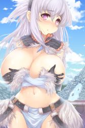 Rule 34 | 1girl, armor, bad id, bad pixiv id, blush, breasts, capcom, cleavage, covering privates, covering breasts, curvy, elbow gloves, gloves, hairband, highres, huge breasts, kirin (armor), long hair, monster hunter (series), navel, neko0634, red eyes, silver hair, solo, topless