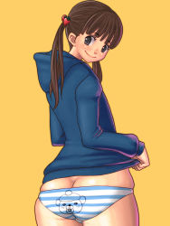 Rule 34 | 1girl, ass, ass focus, bear, black eyes, blunt bangs, brown hair, from behind, hair ornament, highres, hood, hoodie, kawamoto hinata, long hair, looking at viewer, looking back, panties, sangatsu no lion, simple background, skindentation, smile, solo, standing, striped clothes, striped panties, twintails, underwear