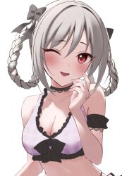 Rule 34 | ;d, breasts, grey hair, hair ribbon, hand on own cheek, hand on own face, highres, idolmaster, idolmaster cinderella girls, kanzaki ranko, kono (116), looking at viewer, medium breasts, official alternate hairstyle, one eye closed, open mouth, red eyes, ribbon, smile, sweat, swimsuit, white background