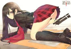 Rule 34 | 1girl, absurdres, all fours, artist name, ass, black hair, black socks, blush, brown eyes, english text, eyepatch, gun, handgun, highres, holding, holding weapon, kneehighs, loafers, logo, long hair, looking at viewer, no panties, parted lips, plaid, plaid skirt, pleated skirt, revolver, sailor collar, scan, school uniform, serafuku, shoes, signature, simple background, sister blood, skirt, socks, solo, thighs, tony taka, weapon