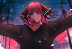 Rule 34 | 1girl, black ribbon, black sweater, blue eyes, blunt bangs, butterfly hair ornament, epeulu (ate5424), evening, female focus, from below, go-toubun no hanayome, hair ornament, highres, looking at viewer, nakano nino, outstretched arms, pink hair, ribbon, smile, snowflakes, spread arms, sunset, sweater, twintails