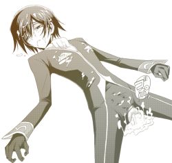 Rule 34 | 00s, 1boy, aftersex, bulge, code geass, cum, cum in ass, cum on body, cum on clothes, cum on upper body, erection, erection under clothes, gloves, lelouch vi britannia, lying, male focus, monochrome, nipples, on back, penis, rape, solo, torn clothes