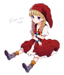 Rule 34 | 1girl, bad id, bad pixiv id, bangle, blonde hair, blush, boots, bracelet, braid, closed mouth, dragon quest, dragon quest xi, dress, full body, grey footwear, hat, highres, ikeuchi tanuma, jewelry, long hair, low twintails, orange socks, puffy short sleeves, puffy sleeves, purple eyes, red dress, red hat, shirt, short sleeves, simple background, sitting, sleeveless, sleeveless dress, socks, solo, translated, twin braids, twintails, twitter username, veronica (dq11), white background, white shirt