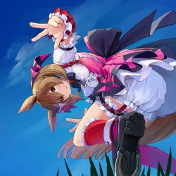 Rule 34 | 1girl, animal ears, black bow, black bowtie, bloomers, bow, bowtie, breasts, brown hair, center frills, closed mouth, cloud, frills, from below, highres, horse ears, horse girl, horse tail, kogomiza, looking at viewer, outdoors, petticoat, red socks, shirt, shoes, short hair, short sleeves, small breasts, smart falcon (umamusume), smile, sneakers, socks, solo, suspenders, tail, thigh strap, twintails, umamusume, underwear, w, white shirt, yellow eyes