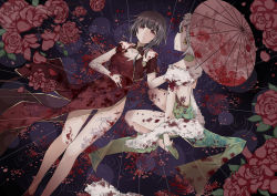 Rule 34 | 2girls, absurdres, anotoki ashi, backless dress, backless outfit, badge, bare legs, bare shoulders, blood, blood stain, blunt bangs, braid, brown hair, chongqing (warship girls r), collarbone, dress, empty eyes, floral print, flower, from above, gluteal fold, green dress, green footwear, hair flower, hair ornament, hand on foot, hand on own stomach, hand up, high heels, highres, holding, holding umbrella, injury, leaf, looking afar, looking away, looking up, lying, multiple girls, oil-paper umbrella, on back, open mouth, petals, purple eyes, rain, red dress, red flower, red footwear, red umbrella, ripples, sad smile, shoe soles, shoes, short sleeves, silver hair, sitting, torn clothes, torn dress, umbrella, wariza, warship girls r, white flower, yat sen (warship girls r), yellow eyes