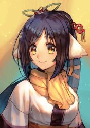Rule 34 | 1girl, animal ears, aquaplus, black hair, blue background, breasts, closed mouth, curvy, dress, from side, gradient eyes, hair ornament, hungry clicker, kuon (utawarerumono), lips, long hair, medium breasts, multicolored eyes, ponytail, scarf, sidelocks, smile, solo, standing, swept bangs, upper body, utawarerumono, utawarerumono: itsuwari no kamen, very long hair, yellow background, yellow eyes, yellow scarf