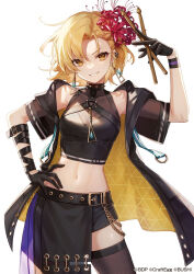 Rule 34 | 1girl, amaichi esora, arm belt, bang dream!, bare shoulders, belt, black belt, black cape, black gloves, black shirt, black skirt, black thighhighs, blonde hair, breasts, cape, collar, commentary request, covered collarbone, cowboy shot, crop top, drumsticks, ear piercing, earrings, fishnet thighhighs, fishnets, flower, gloves, grin, hair between eyes, hair flower, hair ornament, hand on own hip, hand up, highres, holding, holding drumsticks, jewelry, looking at viewer, medium breasts, midriff, navel, off shoulder, official art, parted hair, piercing, sato masuki, shirt, short hair, short sleeves, sidelocks, simple background, skindentation, skirt, sleeveless, sleeveless shirt, smile, solo, spiked collar, spikes, standing, teeth, thighhighs, white background, yellow eyes