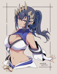 Rule 34 | 1girl, artist name, blue hair, breasts, bridal gauntlets, bright pupils, cleavage, commentary request, dark-skinned female, dark skin, dated, detached sleeves, hair between eyes, highres, honey strap, kichihachi, large breasts, looking at viewer, medium hair, midriff, nanashi inc., navel, pointy ears, ponytail, shimamura charlotte, solo, upper body, virtual youtuber, white pupils, white sleeves, yellow eyes