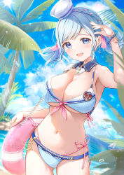 Rule 34 | 1girl, absurdres, bikini, blue eyes, blue hair, blue sky, boat, bracelet, braid, breasts, cleavage, cloud, collarbone, day, detached collar, fujinomiya rio, hair ribbon, highres, holding, holding swim ring, innertube, jewelry, large breasts, lens flare, mountainous horizon, navel, ocean, open mouth, original, outdoors, palm tree, pink ribbon, ribbon, sailboat, short twintails, sky, smile, solo, swim ring, swimsuit, tree, twintails, underboob, water drop, watercraft, white headwear