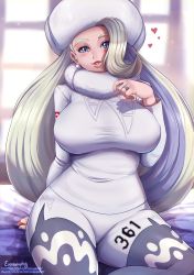 Rule 34 | 1girl, absurdres, asymmetrical hair, bed sheet, blue eyes, blush, breasts, cowboy shot, creatures (company), earrings, evomanaphy, fur collar, game freak, hat, heart, highres, indoors, jewelry, large breasts, lips, long hair, long sleeves, looking at viewer, mature female, melony (pokemon), multicolored hair, nail polish, nintendo, pantyhose, parted lips, pearl earrings, pokemon, pokemon swsh, purple hair, ring, shorts, sitting, solo, sportswear, two-tone hair, white hair, white hat, window