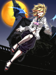 Rule 34 | 1girl, blonde hair, castle, fang, flying, frills, full moon, jin (mugenjin), moon, nail polish, night, open mouth, original, pink nails, red eyes, sandals, solo, vampire, wings