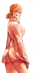 Rule 34 | 1girl, arms at sides, ass, bad id, bad pixiv id, breasts, brown eyes, brown hair, highres, large breasts, long hair, looking at viewer, looking back, nami (one piece), one piece, one piece: strong world, shirt, simple background, smile, solo, tsuyomaru, white background