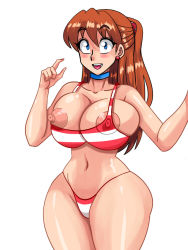 Rule 34 | 1girl, alcione makoto, bare legs, bare shoulders, bikini, blue eyes, blush, breasts, breasts out, brown hair, choker, collarbone, curvy, earrings, hair between eyes, hair ornament, interface headset, jewelry, large breasts, long hair, looking at viewer, navel, neon genesis evangelion, nipples, open mouth, shiny skin, smile, solo, souryuu asuka langley, standing, striped bikini, striped clothes, swimsuit, wide hips