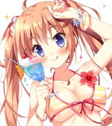 Rule 34 | 1girl, :q, ahoge, bangle, bikini, blush, bracelet, breasts, cherry, collarbone, cup, flower, flower bracelet, food, front-tie bikini top, front-tie top, fruit, hair ornament, hair scrunchie, halterneck, hand on forehead, haruka-chan (pan (mimi)), holding, holding cup, ice, jewelry, long hair, looking at viewer, medium breasts, nail polish, orange (fruit), orange hair, orange slice, original, pan (mimi), pendant, pink flower, pink nails, purple eyes, scrunchie, sidelocks, solo, sparkle, spoon, striped, swimsuit, tongue, tongue out, twintails, upper body, yellow bikini