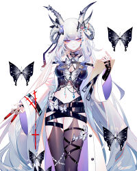 Rule 34 | 1girl, belt, black belt, blunt bangs, breasts, bug, butterfly, cleavage, coat, commentary request, cowboy shot, earrings, highres, holding, holding syringe, horns, insect, jewelry, long hair, long sleeves, looking at viewer, midriff, navel, open clothes, open coat, original, purple eyes, sheya, simple background, single bare shoulder, small breasts, solo, standing, stomach, syringe, thigh strap, very long hair, white background, white coat, white hair, wide sleeves