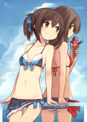 Rule 34 | 2girls, against railing, back-to-back, bikini, blue bikini, blue eyes, brown hair, closed mouth, collarbone, day, food, highres, holding, holding food, ice cream, ice cream cone, kyuri, leaning against railing, multiple girls, original, outdoors, ponytail, railing, red bikini, sailor bikini, sailor collar, sarong, smile, swimsuit, thigh gap