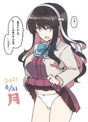 Rule 34 | 1girl, black hair, blazer, blue bow, blue bowtie, bow, bowtie, breasts, clothes lift, commentary request, cowboy shot, dated, dress, dress lift, hair down, hairband, halterneck, jacket, kantai collection, large breasts, long hair, looking at viewer, multicolored hair, naganami (kancolle), naganami kai ni (kancolle), nakadori (movgnsk), panties, pink hair, pleated dress, simple background, solo, translation request, two-tone hair, underwear, wavy hair, white background, white hairband, white panties