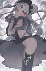 Rule 34 | 1girl, abigail williams (fate), abigail williams (swimsuit foreigner) (fate), abigail williams (swimsuit foreigner) (first ascension) (fate), absurdres, black dress, black thighhighs, blush, closed mouth, colored skin, double bun, dress, fate/grand order, fate (series), frills, grey hair, grey skin, hair bun, highres, keyhole, long hair, long sleeves, nemo (leafnight), no panties, pale skin, pink eyes, see-through, solo, thighhighs, third eye, very long hair