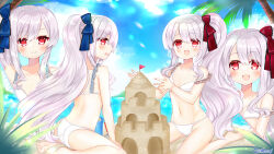 Rule 34 | 2girls, :d, ass, bikini, blue bow, blue sky, blush, bow, breasts, bucket, chain paradox, character request, closed mouth, cloud, cloudy sky, copyright name, day, frilled bikini, frills, grey hair, hair between eyes, hair bow, highres, long hair, multiple girls, navel, ocean, open mouth, outdoors, palm tree, pennant, ponytail, profile, red bow, red eyes, sand castle, sand sculpture, shikito (yawa0w0), side ponytail, sky, small breasts, smile, strap slip, swimsuit, tree, trowel, very long hair, water, white bikini