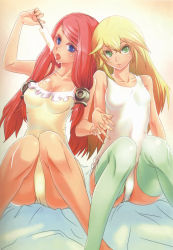 Rule 34 | 2girls, absurdres, arc system works, bare shoulders, blazblue, blazblue: continuum shift, blonde hair, blue eyes, breasts, casual one-piece swimsuit, cleavage, fingernails, food, green eyes, holding hands, highres, ice cream, interlocked fingers, knees, knees together feet apart, knees together feet apart, looking at viewer, medium breasts, multiple girls, noel vermillion, official art, one-piece swimsuit, pink hair, popsicle, red hair, sitting, small breasts, swimsuit, thighhighs, tongue, tsubaki yayoi, white one-piece swimsuit