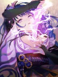 Rule 34 | 1girl, armor, braid, breasts, bridal gauntlets, cleavage, closed mouth, commentary request, electricity, flower, genshin impact, hair ornament, highres, holding, holding sword, holding weapon, human scabbard, japanese clothes, kimono, large breasts, light particles, long hair, long sleeves, looking at viewer, mitsudomoe (shape), mole, mole under eye, nail polish, obi, obiage, obijime, purple eyes, purple flower, purple hair, purple nails, raiden shogun, ribbon, ruohire9, sash, shoulder armor, solo, sword, tassel, tomoe (symbol), weapon, wide sleeves