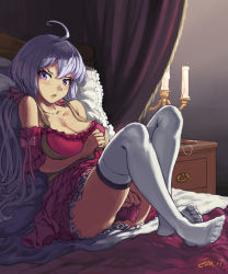 Rule 34 | 10s, 1girl, absurdres, ahoge, artist name, bare shoulders, bed, bed sheet, blush, breasts, candle, candlestand, cleavage, detached sleeves, dress, dress tug, full body, hair between eyes, hair ornament, hair scrunchie, highres, jonathan h, large breasts, long hair, looking at viewer, open mouth, pillow, purple eyes, red dress, scrunchie, senki zesshou symphogear, silver hair, sitting, solo, thighhighs, twintails, very long hair, white thighhighs, yukine chris