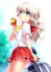 Rule 34 | 1girl, arm at side, ass, bag, bloom, blue eyes, bow, breasts, charlotte (anime), commentary request, cowboy shot, cup, day, eyelashes, eyes visible through hair, grey hair, hair between eyes, half updo, hand up, holding, holding bag, holding cup, hoshinoumi academy school uniform, jam, light blush, long hair, looking at viewer, looking down, medium breasts, miniskirt, outdoors, panties, panty peek, parted lips, pleated skirt, red sailor collar, red skirt, sailor collar, school uniform, shirt, short ponytail, short sleeves, skirt, solo, standing, tomori nao, underwear, wavy hair, white panties, white shirt, yellow bow, zen (kamuro)