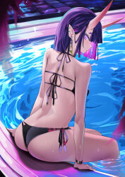 Rule 34 | 1girl, absurdres, ass, back, bikini, black bikini, bracelet, breasts, colored inner hair, demon girl, ear piercing, earrings, fate/grand order, fate (series), from behind, halterneck, highres, horns, jewelry, leaning forward, looking at viewer, looking back, medium breasts, multicolored hair, parted lips, piercing, pink hair, pool, purple hair, san (harutuki 3), short eyebrows, short hair, shuten douji (fate), side-tie bikini bottom, sitting, skin-covered horns, small breasts, solo, swimsuit, thighs, two-tone hair, wet