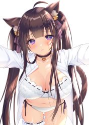 1girl animal_ears bell black_choker blunt_bangs bra breasts bridal_garter brown_hair cat_ears cat_tail choker collarbone commentary_request facial_tattoo hair_bell hair_ornament hair_ribbon jingle_bell large_breasts long_hair looking_at_viewer navel open_clothes open_shirt original panties purple_eyes purple_ribbon ribbon shirt side-tie_panties simple_background solo sul-lin-a_(hurukku) tail tattoo twintails underwear white_background white_bra white_panties white_shirt yoruhoshi_owl