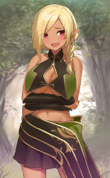 Rule 34 | 1girl, :d, arms under breasts, bare shoulders, blonde hair, bracer, braid, braided ponytail, breasts, cccpo, cleavage cutout, clothing cutout, commentary request, crop top, dark-skinned female, dark elf, dark skin, day, earrings, elf, eyes visible through hair, hair tie, halterneck, highres, jewelry, large breasts, looking at viewer, midriff, navel, open mouth, original, outdoors, pleated skirt, pointy ears, red eyes, single braid, skirt, smile, solo, standing, tree