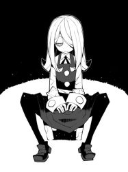 Rule 34 | 10s, 1girl, dowman sayman, greyscale, hair over one eye, half-closed eye, little witch academia, long hair, looking down, monochrome, pantyhose, sitting, sleeves past wrists, solo, sucy manbavaran, uneven eyes