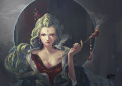 Rule 34 | 1girl, absurdres, bare shoulders, breasts, cleavage, earrings, green hair, highres, holding, holding smoking pipe, hung wan yu, jewelry, lips, long hair, looking at viewer, red eyes, siddham, smoke, smoking pipe, solo