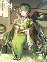 Rule 34 | 1boy, bad source, branch, brazier, chasen, closed mouth, cup, expressionless, falling leaves, food, food fantasy, full body, grass, green eyes, green hair, green kimono, green tea, hair ribbon, highres, holding, holding cup, japanese clothes, kariginu, kimono, kyomono (hjxop), leaf, long hair, looking at viewer, low ponytail, male focus, matcha (food fantasy), obijime, official art, pom pom (clothes), porch, red ribbon, reeds, ribbon, ribbon-trimmed sleeves, ribbon trim, sakuramon, sandals, shouji, sitting, sliding doors, solo, steam, tabi, tassel, tatami, tea, third-party source, tray, wagashi, zouri
