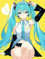 Rule 34 | 1girl, absurdres, ahoge, black skirt, black sleeves, blue eyes, blue hair, blue necktie, blush, broken heart, coco irasuto, collared shirt, detached sleeves, hatsune miku, heart, highres, invisible chair, long hair, long sleeves, necktie, paid reward available, pleated skirt, shirt, simple background, sitting, skirt, sleeveless, sleeveless shirt, smile, solo, twintails, upper body, very long hair, vocaloid, yellow background