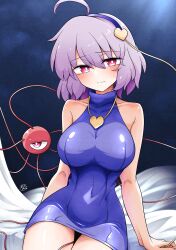 Rule 34 | 1girl, alternate costume, blue dress, blue hairband, bodycon, breasts, commentary request, commission, dress, eyeball, hair ornament, hairband, heart, heart hair ornament, heart necklace, highres, jewelry, komeiji satori, large breasts, looking at viewer, necklace, pink eyes, purple hair, scavia10, signature, sitting, skeb commission, sleeveless, sleeveless dress, solo, sweatdrop, third eye, touhou