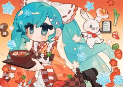 Rule 34 | 1girl, apron, black footwear, blue eyes, blue hair, blush, boots, bow, carrot, closed mouth, cowboy shot, cross-laced footwear, dot nose, egg, eyelashes, floating hair, food, fork hair ornament, frilled apron, frills, gradient background, hair bow, hatsune miku, highres, holding, holding tray, japanese clothes, kimono, lace-up boots, long hair, long sleeves, maid, menu, noodles, orange background, orange kimono, ping (2178761408qqco1), rabbit yukine, ramen, sidelocks, smile, snowflake print, snowflakes, solo, spoon hair ornament, stitches, swept bangs, tray, twintails, very long hair, vocaloid, wa maid, white apron, white bow, wide sleeves, wooden bowl, yuki miku, yuki miku (2024)