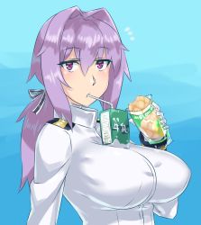Rule 34 | 10s, 1girl, ^^^, bread, breasts, drinking, drinking straw, female admiral (kancolle), food, hair between eyes, hair intakes, hair ribbon, highres, holding, holding food, impossible clothes, kanata (evuoaniramu), kantai collection, large breasts, light purple hair, long hair, long sleeves, looking at viewer, looking to the side, low ponytail, md5 mismatch, melon bread, military, military uniform, mizuumi (bb), pink eyes, ponytail, ribbon, simple background, solo, uniform