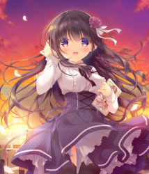 Rule 34 | 1girl, :d, black hair, black skirt, black thighhighs, braid, breasts, center frills, commentary request, flower, frills, hair between eyes, hair flower, hair ornament, hand up, holding, long hair, long sleeves, looking at viewer, medium breasts, open mouth, original, outdoors, petals, red eyes, red flower, red rose, rose, shirt, skirt, smile, solo, standing, striped clothes, striped skirt, sunset, thighhighs, tokyo big sight, vertical-striped clothes, vertical-striped skirt, very long hair, white shirt, yukie (peach candy)