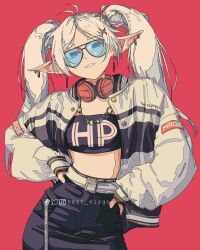 Rule 34 | 1girl, alternate costume, belt, chain, chain necklace, contemporary, earrings, frieren, glasses, hands on own hips, headphones, highres, jacket, jewelry, ligne claire, necklace, nest virgo, pointy ears, red background, smile, solo, sousou no frieren, teeth, twintails, upper body, white belt, white hair, white jacket