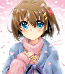 Rule 34 | 1girl, blue cape, blue eyes, blush, brown hair, cape, cherry blossoms, closed mouth, commentary request, dated, hair ornament, hairclip, hand on own chest, jewelry, long sleeves, looking at viewer, lyrical nanoha, mahou shoujo lyrical nanoha, mahou shoujo lyrical nanoha a&#039;s, necklace, pink sweater, ribbed sweater, san-pon, schwertkreuz, schwertkreuz (standby form), short hair, smile, solo, sweater, tearing up, turtleneck, twitter username, upper body, wind, x hair ornament, yagami hayate